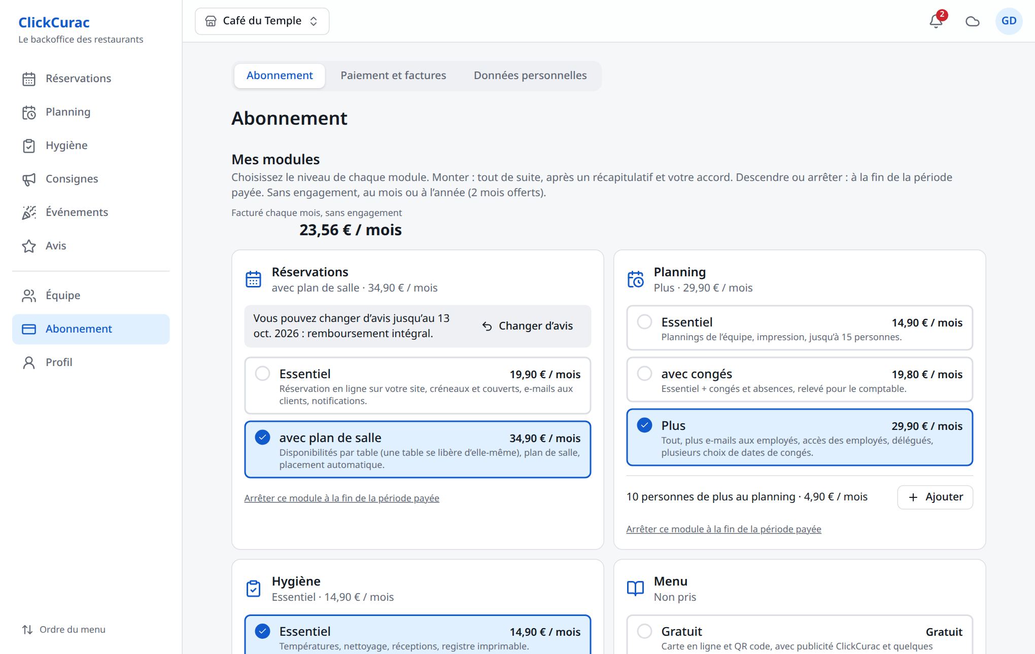 La page Abonnement : chaque module, ses niveaux et ses prix