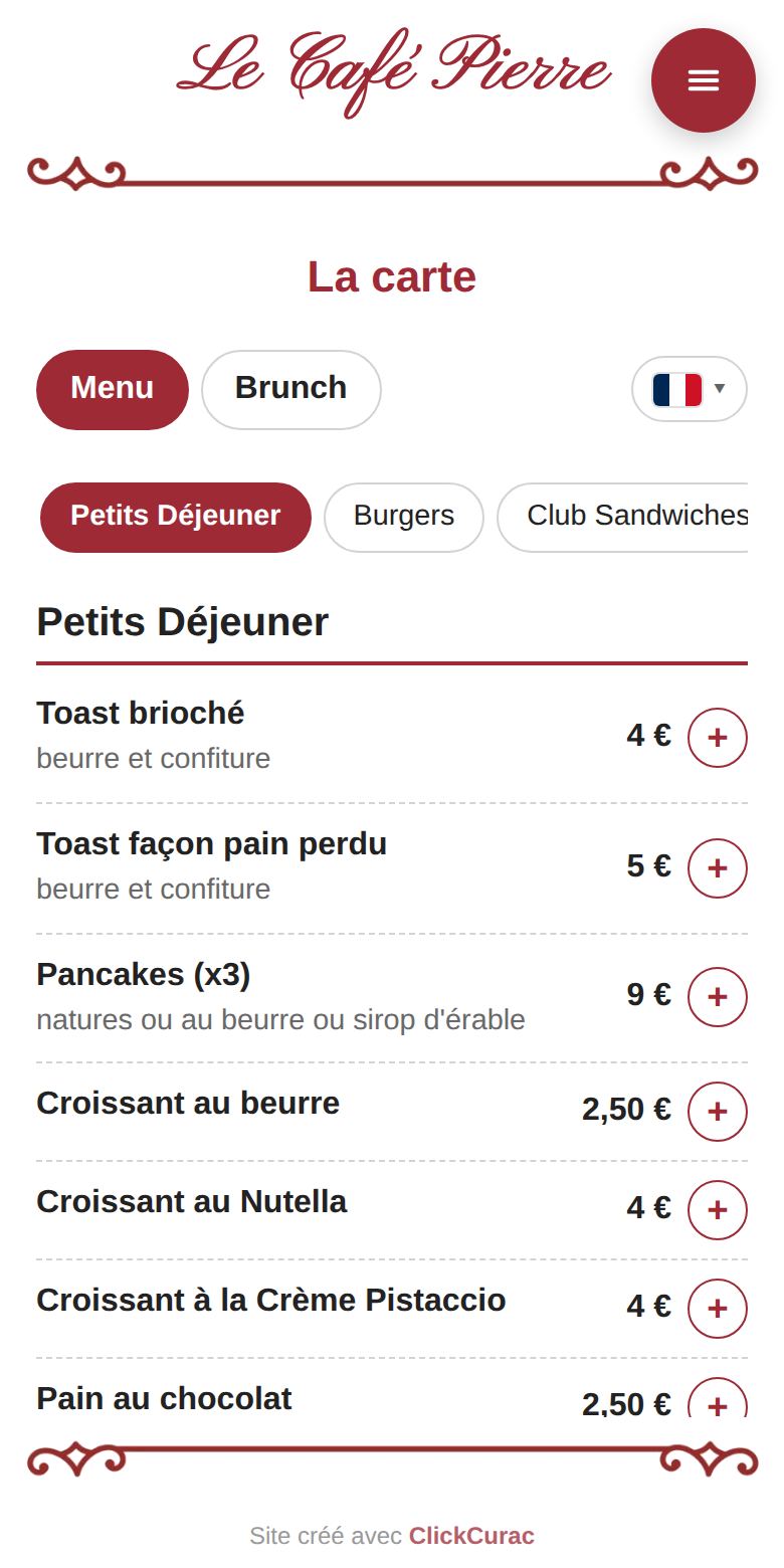 La carte : catégories, prix et « Ma sélection »