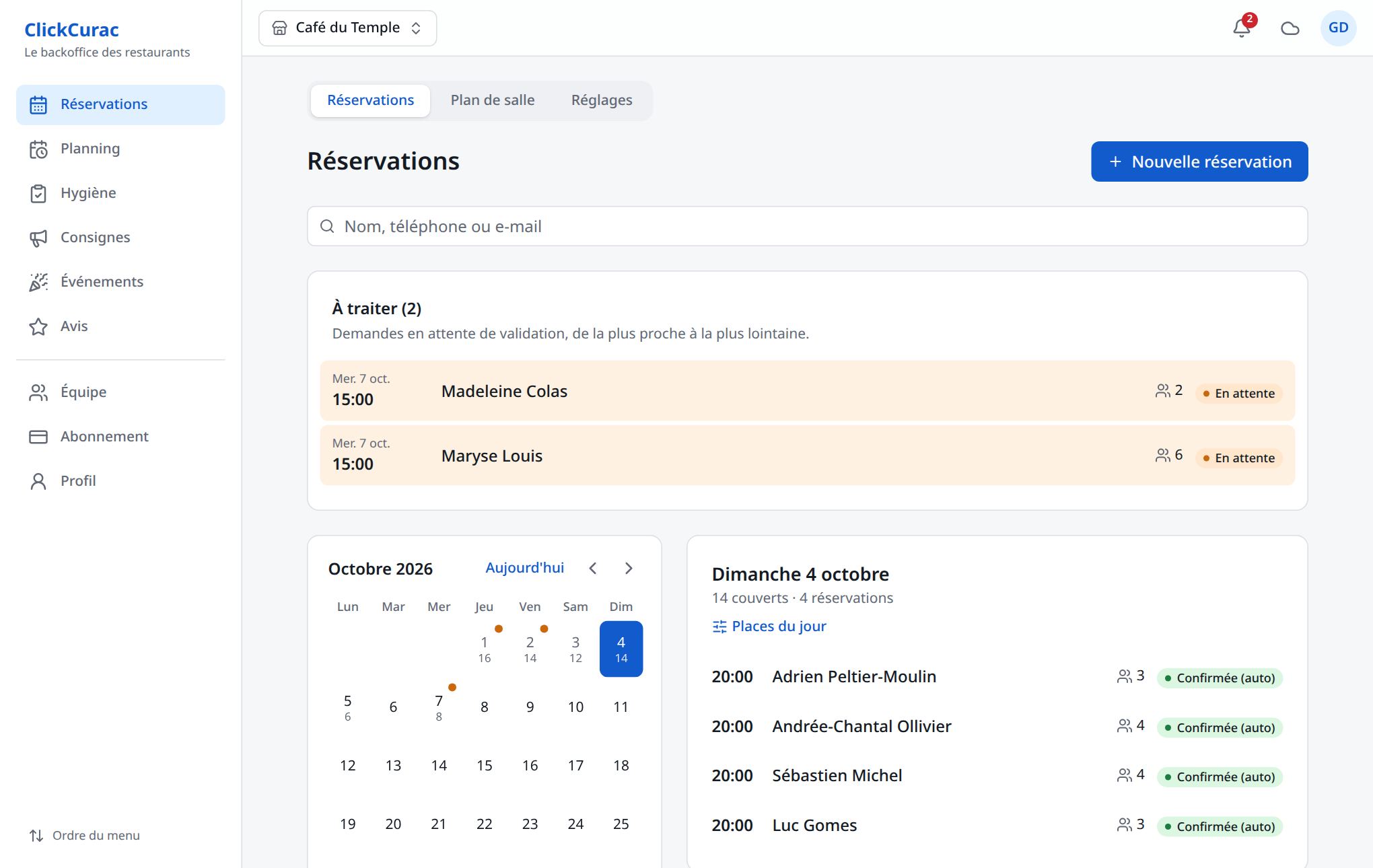 Le tableau des réservations de ClickCurac : calendrier du mois et réservations du jour